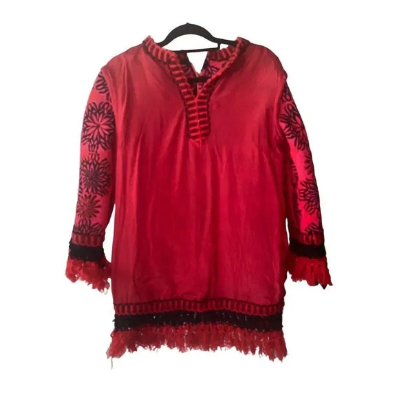 Hand-Made Artisan Crafted Micro Embroidered Red & Black Fringed Tunic Dress - Picture 5 of 16